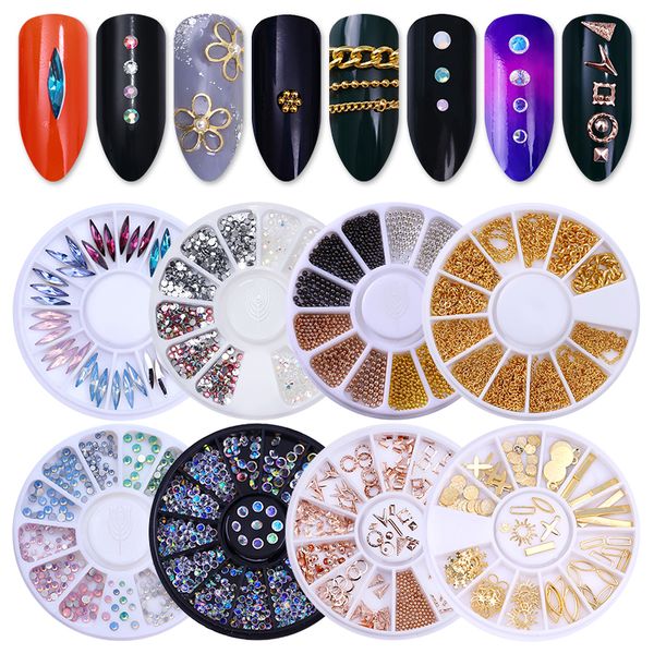 

1 box opal nail rhinestones flat bottom cross sun flower snowflake leaf chain beads diy manicure nail art decoration in wheel, Silver;gold