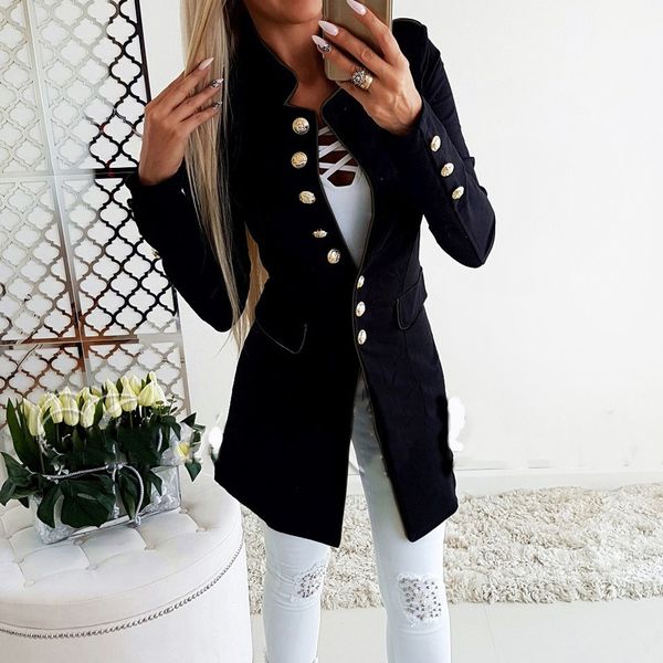 

women's fashion solid simple office lady lapel suit coat long-sleeve button coat, White;black