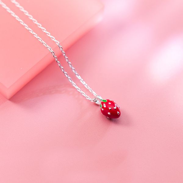

mloveacc authentic 925 sterling silver sweet strawberry red enamel charm pendant necklaces for women girls fine jewelry