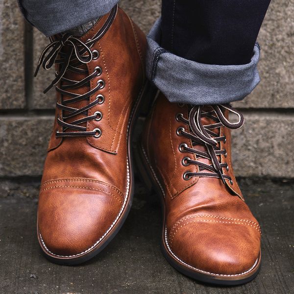 

british men boots autumn winter shoes men fashion lace-up boots pu leather male botas 2018 brm-056, Black