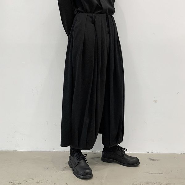 

male retro fashion punk gothic wide leg skirt pant trousers men japan harajuku streetstyle loose casual kimono pant, Black