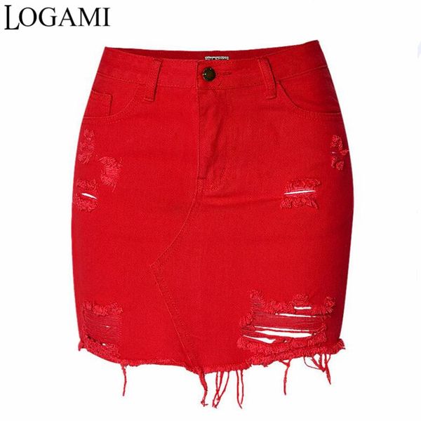 

logami high waist denim skirts womens mini pencil jeans skirt spring summer ripped women skirt red, Black