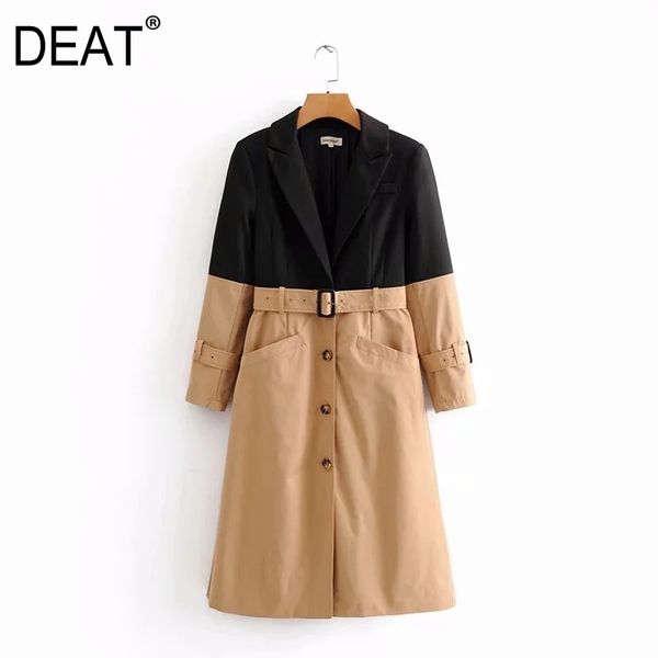 

deat] women patchwork belt hit color trench new lapel long sleeve loose fit windbreaker fashion tide spring autumn 2020 13t696, Tan;black