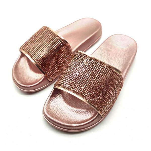 

summer new women's rhinestone sandals fashion shining diamond slides outside female casual flat flip-flops ladies slippers, Black