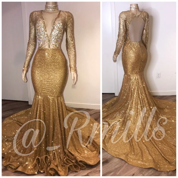 

2020 myriam fares high neck gold prom dresses deep v neck sequined long sleeve evening gowns, Black