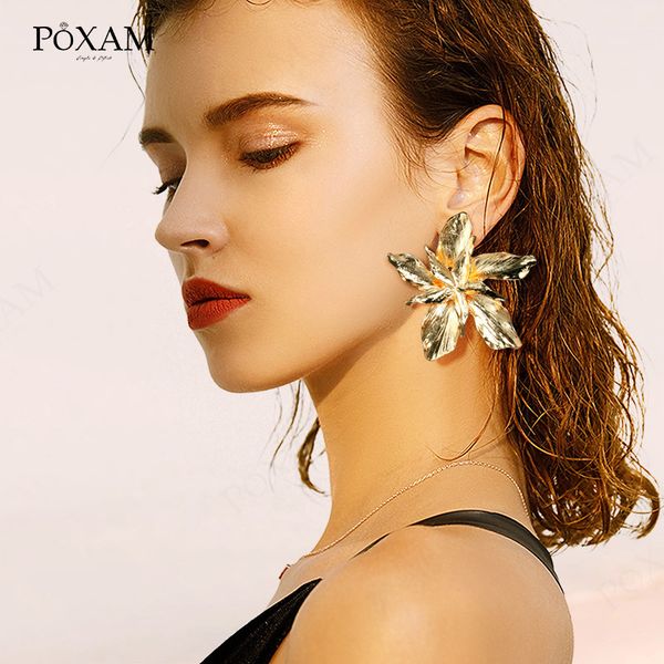 

stud poxam fashion vintage large geometry golden earrings 2021 for women accessories statement metal flowers ear earring jewelry, Golden;silver