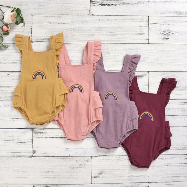 TADDLE Triangolo Pagliaccetti Baby Boys Girls Girls Rainbow Ricamo Tute Risposte Bambini Lace-up Collare quadrato Manica Fly Onesies Playssuit appena nati BYP709