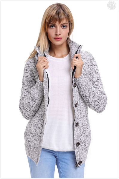 

women solid color cardigan fashion ladies button zipper pocket knit sweater casual hooded long-sleeve jacket female 11, Black;brown