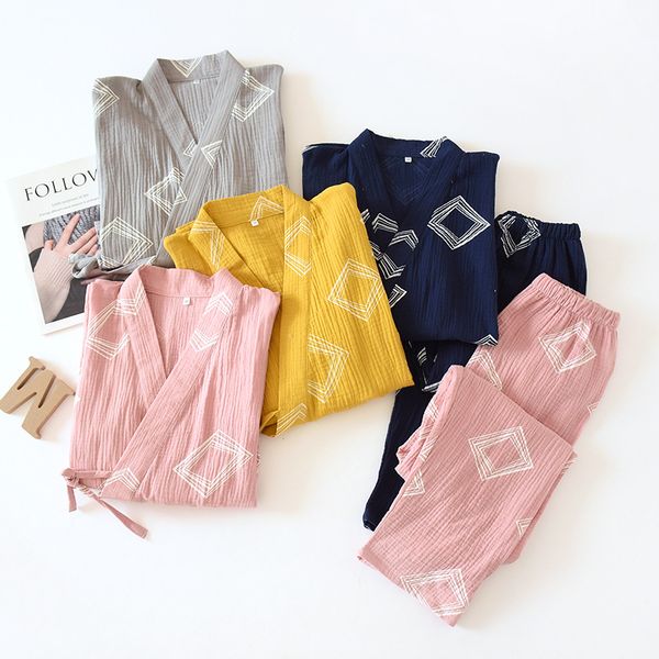 

women's sleepwear summer kimono cotton crepe couple pajamas long-sleeved v-neck pyjamas diamond pattern printing home 2 piece set, Black;red