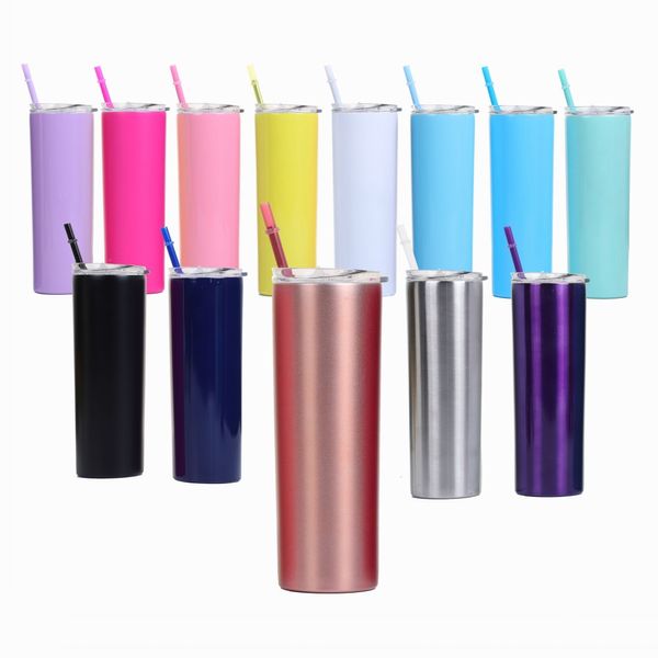

20oz skinny tumbler with lids and colorful straws stainless steel vacuum insulated thermos straight cup keep drinks & cold