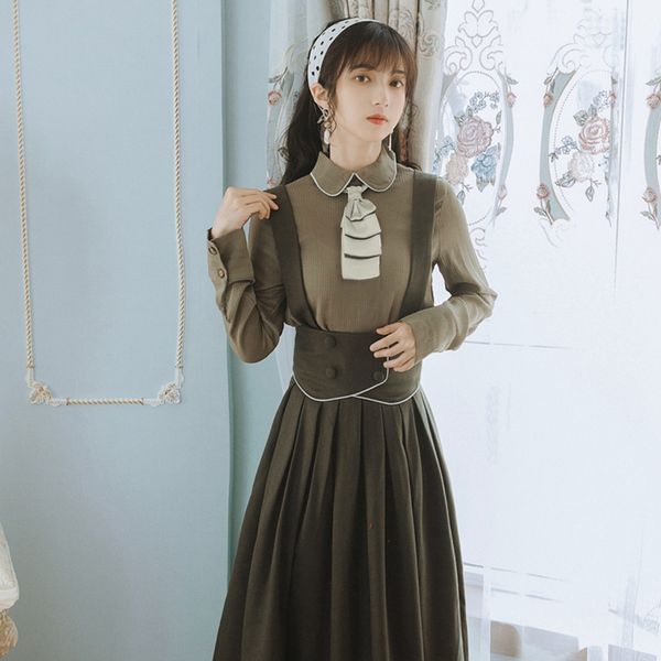 

sexemara fashion spring and autumn the new vintage doll collar long sleeve + pleated strap skirt two piece set ing, White