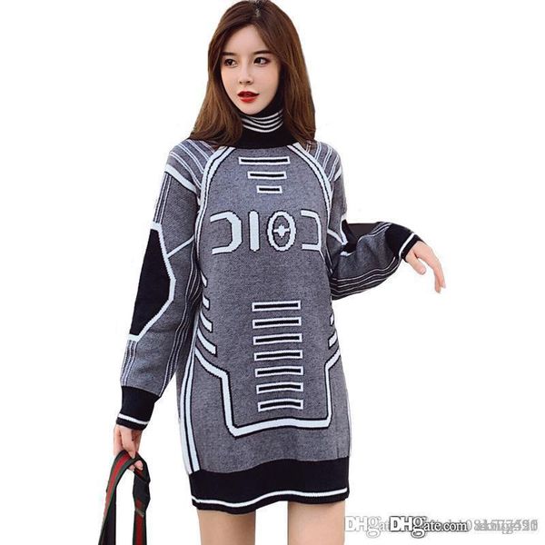 

2019 new fashion casual designer women's loose high collar warm sweater autumn and winter knit bag hip sweater skirt, White;black