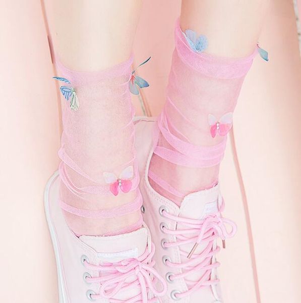 

funny 3d butterfly patterned short socks women transparent ankle thin socks summer hollow out harajuku socks art hosiery, Pink;yellow