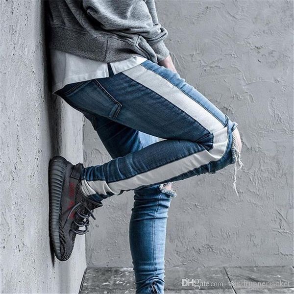 

vintage mens desigenr jeans fashion ripped panelled ribbon slim zipper fly mid waist jeans fashion street mens pants, Blue
