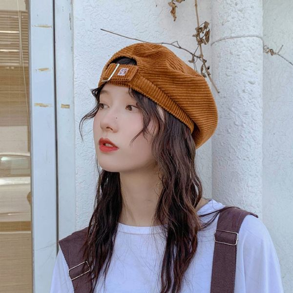 

female autumn and winter corduroy beret retro painter hat solid color korean style harajuku caps, Blue;gray