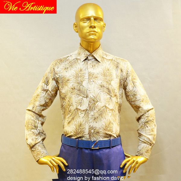 

custom tailor made men's bespoke cotton floral shirts business formal wedding ware blouse beige leaves hawaii flower fashion, White;black