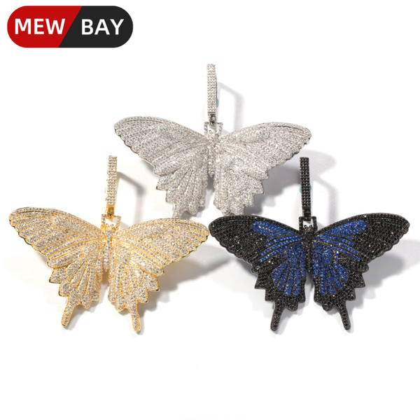

hip hop iced out cubic zirconia color butterfly pendant rope cuban chain large size men women fashion jewelry gold black silver