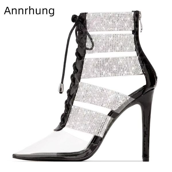 

drill rhinestone cut outs high shoes woman pointed toe transparent pvc cross-tied thin heels runway pumps women, Black
