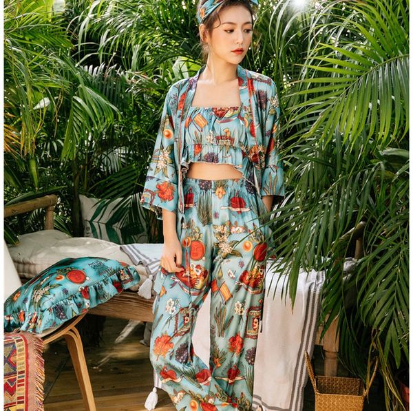 

efioly summer new women turn-down collar print full sleeve long pants nightwear sleepwear home clothes 3 piece pajama sets, Blue;gray