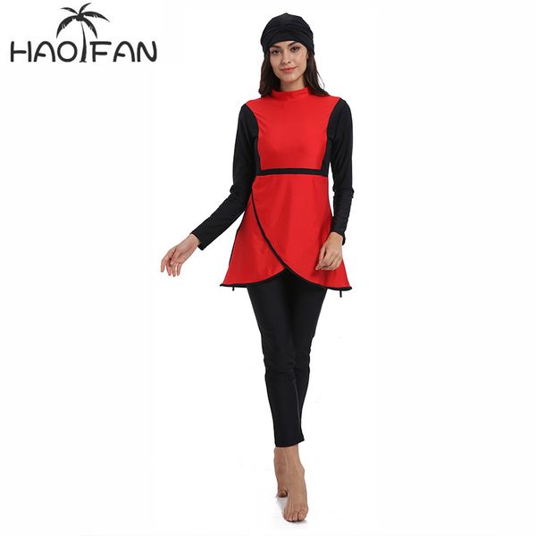

haofan official store muslim swimwear red burkini islam swimsuit bikini beachwear modest swimwear plus size