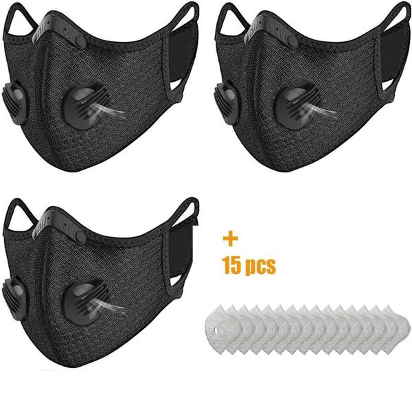 

3 pcs respirator face maks for germ protection adults with 15pcs filters cotton face maks reusable maskking mascarillas bandana, Black