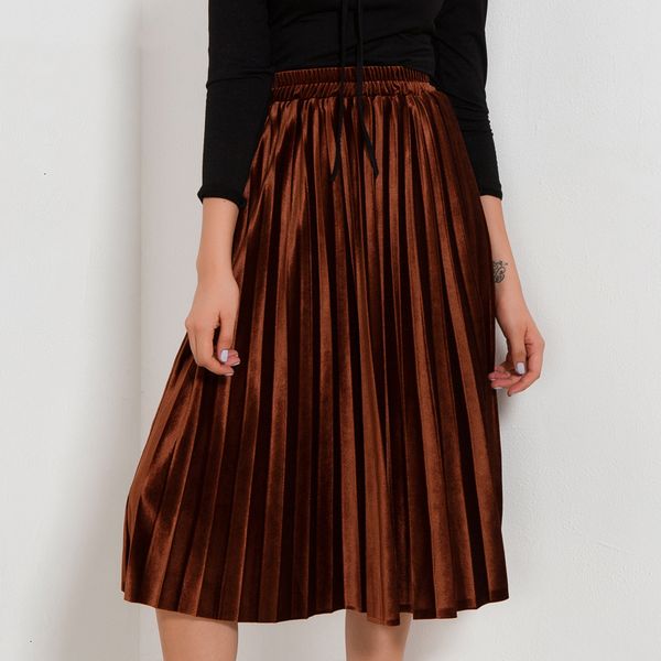 

designer women skirts velvet pleated skirts women autumn winter streetwear midi skirt ladies elastic hight waist casual skirt black green