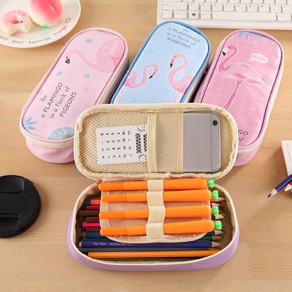 

1 pc kawaii flamingo pu large capacity waterproof school pencil cases stationery pencilcase girls pen bag for school supplies