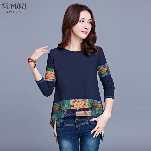 

long kyqiao women 2020 plus size women clothing mexico style ethnic design long sleeve o neck navy blue print patchwork t, White