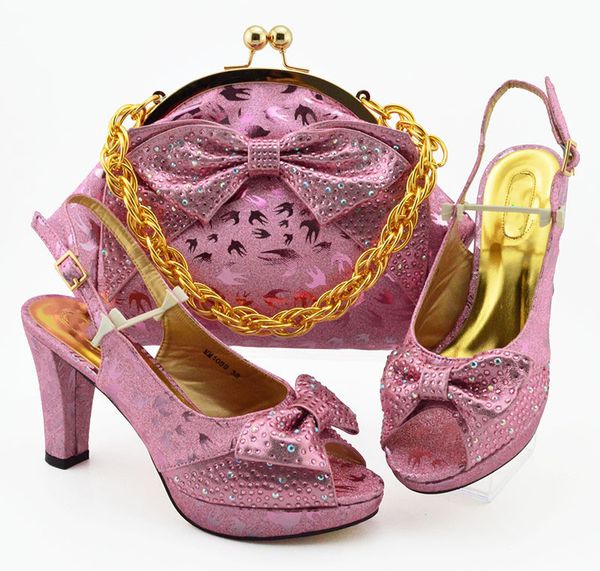 

Nice looking pink women dress shoes with rhinestone and butterfly knot style african pumps match handbag set MM1089,heel 10CM