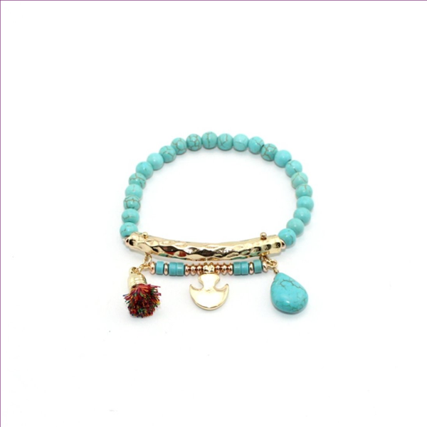 

ethnic style light yellow gold color alloy green turquoises stone elastic bracelet with tassels jewelry, Black