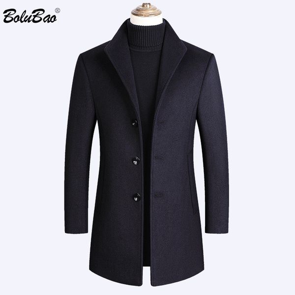 

bolubao men wool blends coats autumn winter new men's solid color casual wool coat long section blends coat male, Black