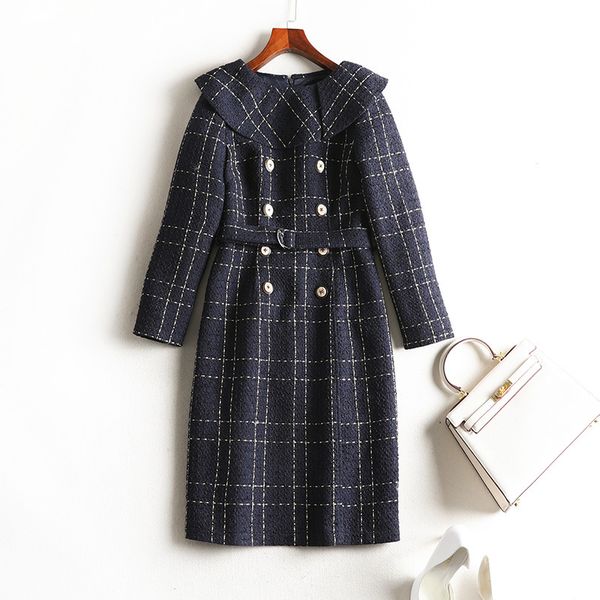 

women's large size 5xl spring and winter long-sleeved round neck personality fashion ladies plaid dress dress belt shrink thin, Black;gray