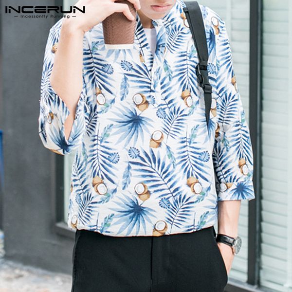

incerun fashion stand collar flower 2019 shirt hawaii style print vacation casual sleeves men's streetwear camisas, White;black