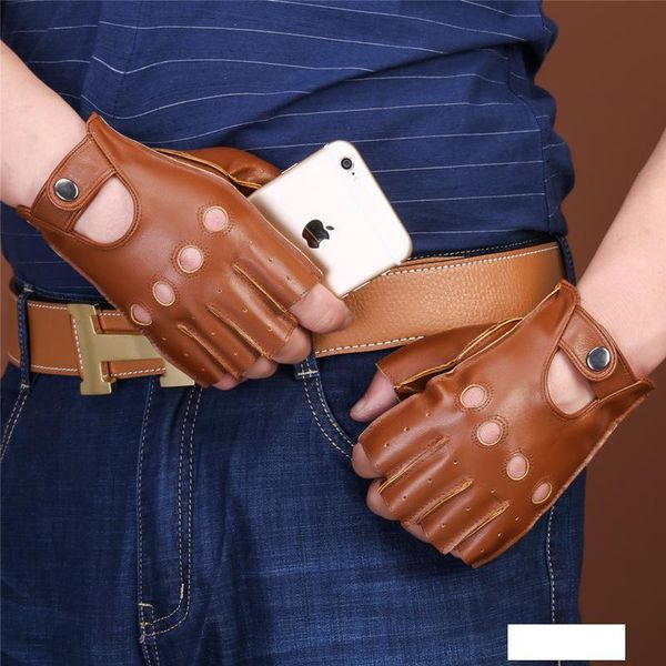 

leather half finger gloves men's fitness summer thin sports non-slip driving cycling motorcycle bicycle goatskin gloves, Blue;gray