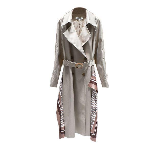 

long windbreaker jacket with double-breasted waistband printing for autumn women's wear in 2019, Tan;black