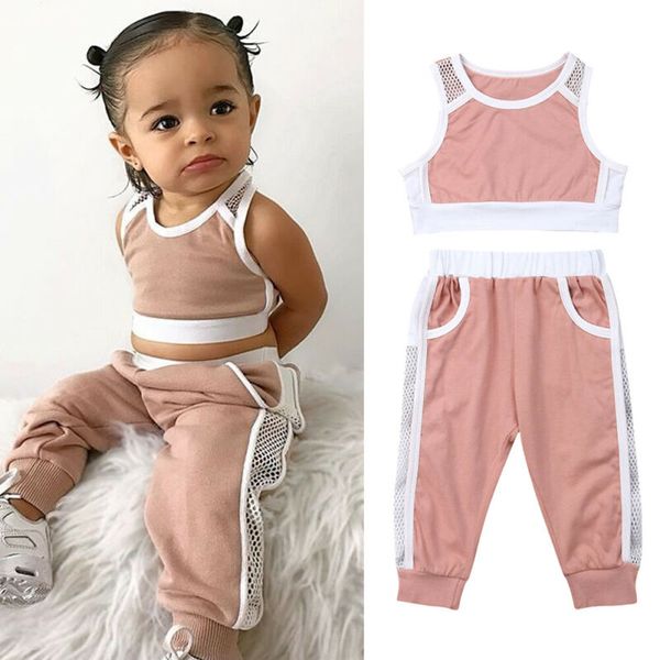 

arrival 1-6t summer toddler girls clothes sets pink sports vest tank +long pants outfits set tracksuit, White