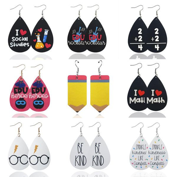 

print glasses letter pencil pattern diy waterdrop charm earrings pu leather tear drops ear hook pendant earring women lady jewelry gifts, Silver