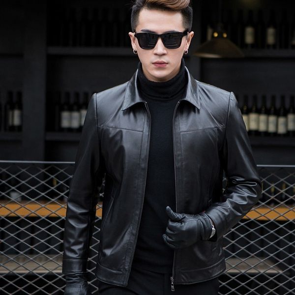 

spring autumn genuine leather jacket jaqueta masculina zipper smart sheepskin coat for men blouson moto homme male biker jacket, Black