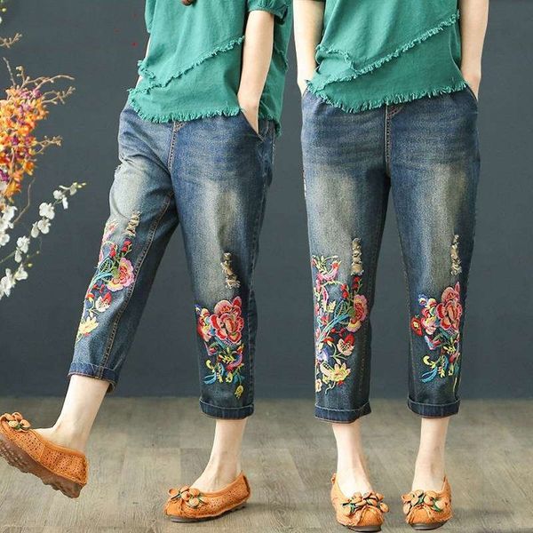 

autumn vintage elastic high waist jeans embroidery lace up boyfriend ripped jeans women straight denim pants, Blue