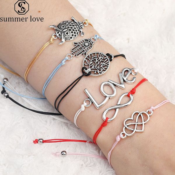 

vintage silver love heart charm bracelet handmade red string wax rope braided bracelet with wish card for women woven jewelry, Golden;silver