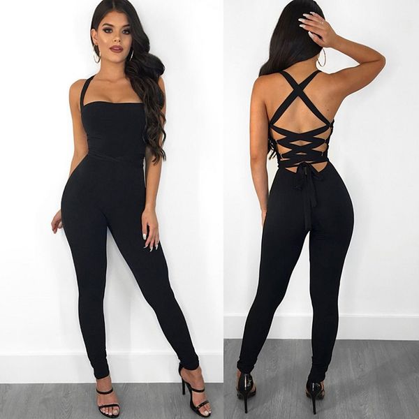 

strapless lace up jumpsuits women sleeveless summer clothing wear slim long pants bodycon backless bandage jumpsuit, Black;white