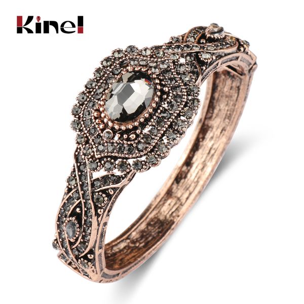 

kinel full gray crystal bohemia bracelet bangle for women antique gold turkey ethnic flower cuff brazalete vintage jewelry, Black