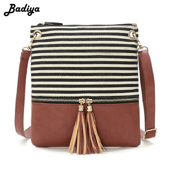 

women crossbody bag pu leather patchwork panelled stripe shoulder bag for lady tassel zipper messenger female phone