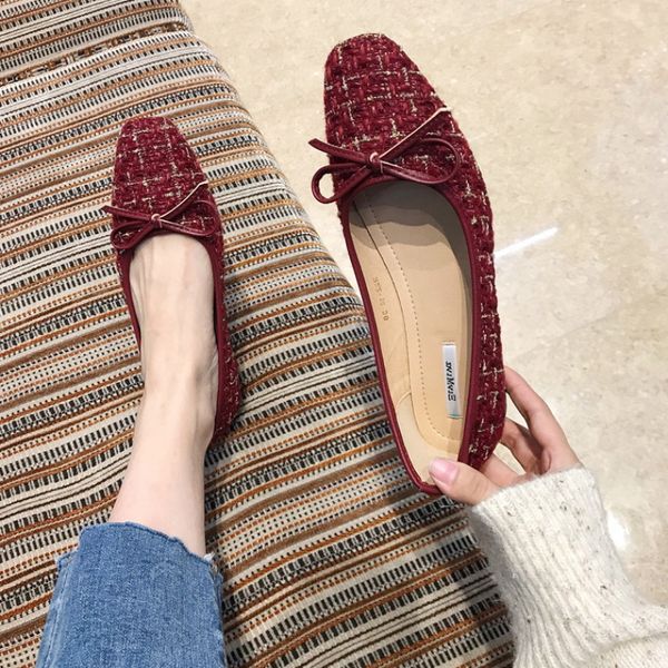 

plaid cloth square toe woman shoes bow-tied shallow ballet flats fragrant casual comfy brief moccasins slip on single loafers, Black