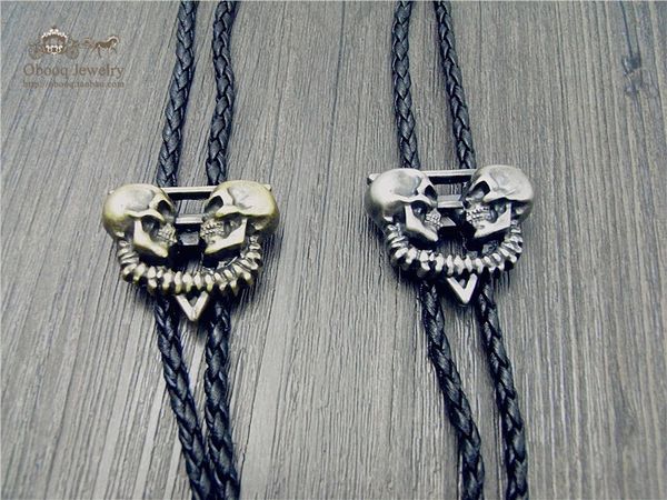 

bolo tie the latest retro shirt chain double skeleton ghost head poirot led rope leather necklace long tie hang, Black;gray