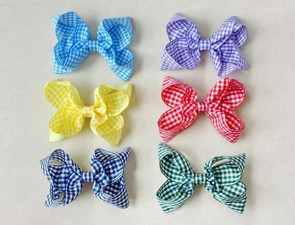 

16pcs baby 3" gingham plaid hair bows clips hair ties accessories girl princess abc hairbows headwear hair elastic bobbles hd3550, Slivery;white