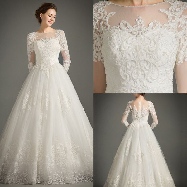 

vintage full beaded appliques long sleeve wedding dresses 2021 a-line illusion neck bridal gowns vestidos de noiva, White