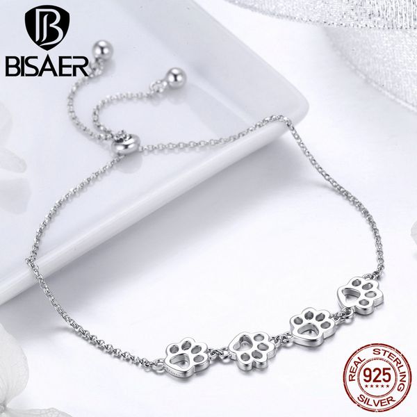 

bisaer 925 sterling silver dog footprints chain link women bracelets for women cat footprints silver bracelet jewelry ecb096, Golden;silver