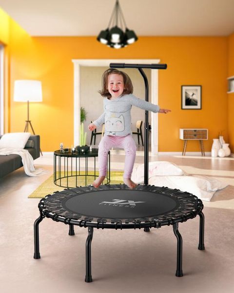 

portable & foldable fitness workout mini rebounder trampoline with adjustable handrail for indoor garden workout cardio exercise