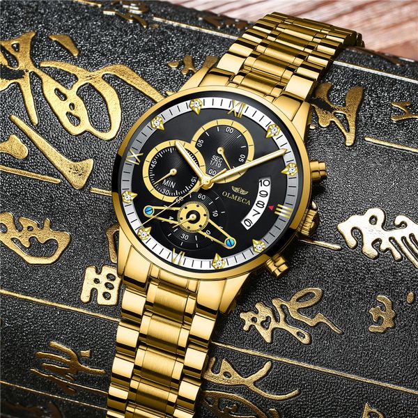 

olmeca chronograph quartz watch men sport watches men stainless steel band clock waterproof gold wrist watch relogio, Slivery;brown